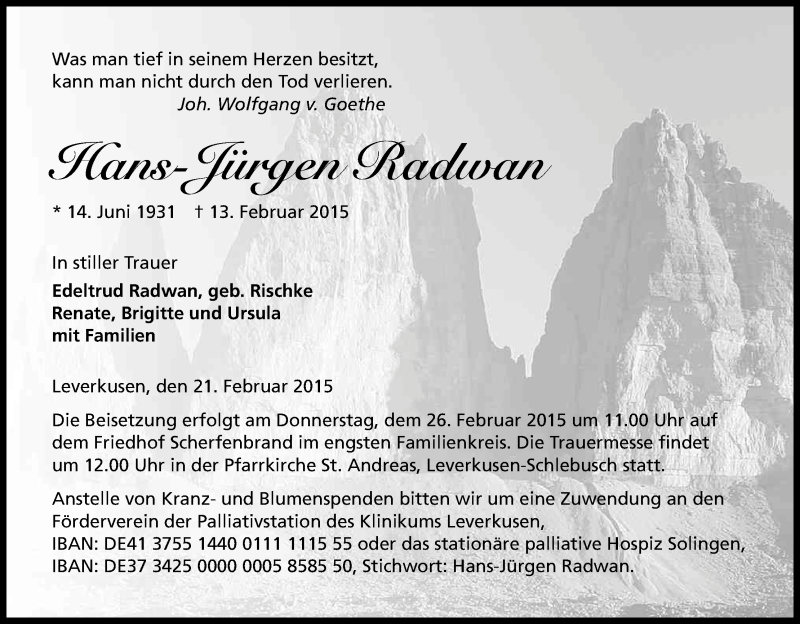 Traueranzeige für Hans-Jürgen Radwan vom 21.02.2015 aus Kölner Stadt-Anzeiger / Kölnische Rundschau / Express