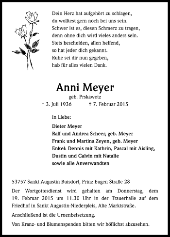 Anzeige von Anni Meyer von Kölner Stadt-Anzeiger / Kölnische Rundschau / Express