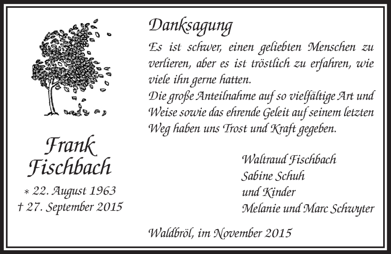  Traueranzeige für Frank Fischbach vom 18.11.2015 aus  Lokalanzeiger 