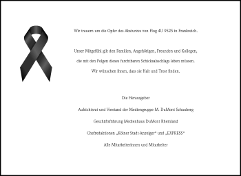 Anzeige von Opfer des Flugzeugabsturzes vom 24.03.2015 von Kölner Stadt-Anzeiger / Kölnische Rundschau / Express
