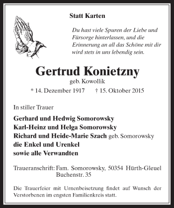 Anzeige von Gertrud Konietzny von  Wochenende 