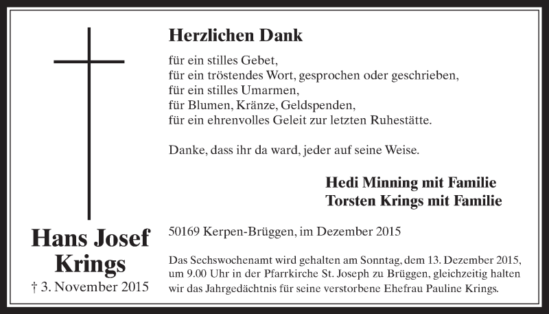  Traueranzeige für Hans Josef Krings vom 09.12.2015 aus  Werbepost 
