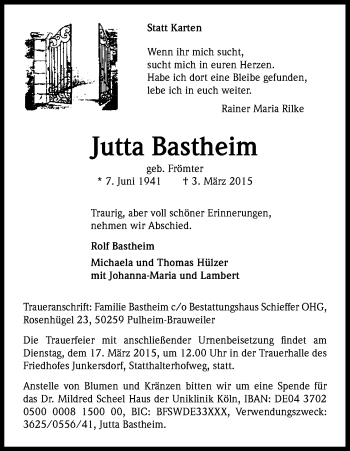Anzeige von Jutta Bastheim von Kölner Stadt-Anzeiger / Kölnische Rundschau / Express
