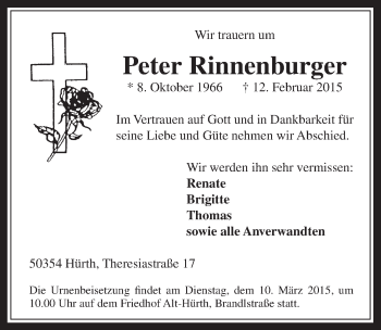 Anzeige von Peter Rinneburger von  Wochenende 