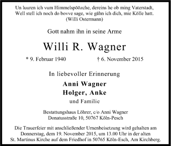 Anzeige von Willi R. Wagner von Köln - Wir Trauern