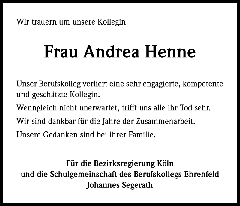  Traueranzeige für Andrea Henne vom 21.02.2015 aus Kölner Stadt-Anzeiger / Kölnische Rundschau / Express