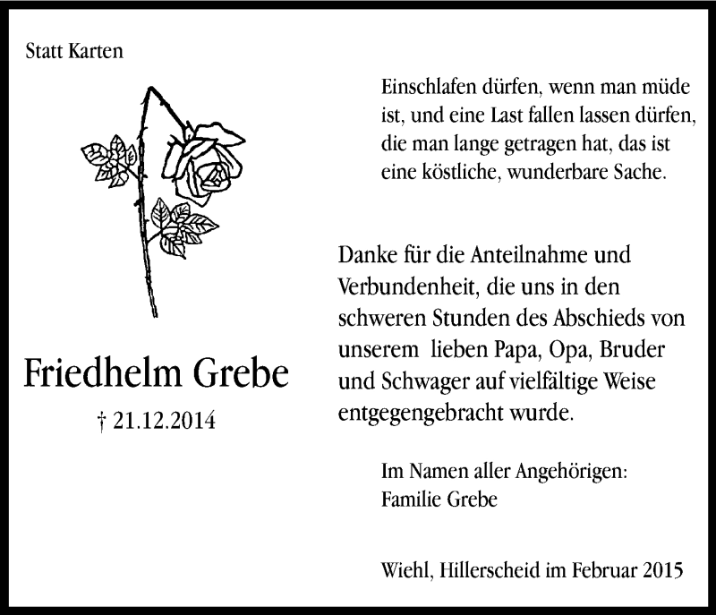  Traueranzeige für Friedhelm Grebe vom 21.02.2015 aus Kölner Stadt-Anzeiger / Kölnische Rundschau / Express