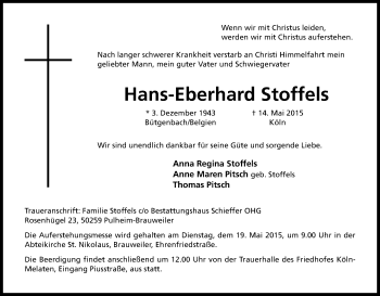 Anzeige von Hans-Eberhard Stoffels von Kölner Stadt-Anzeiger / Kölnische Rundschau / Express