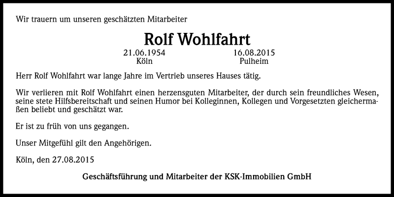  Traueranzeige für Rolf Wohlfahrt vom 27.08.2015 aus Kölner Stadt-Anzeiger / Kölnische Rundschau / Express
