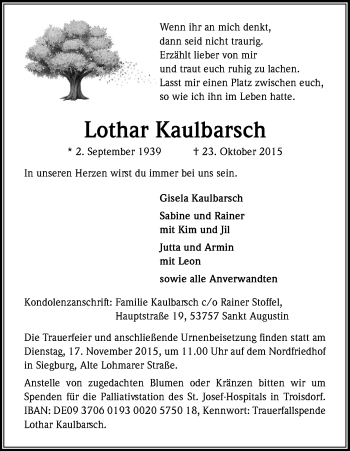 Anzeige von Lothar Kaulbarsch von Kölner Stadt-Anzeiger / Kölnische Rundschau / Express