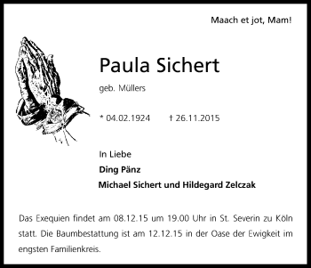 Anzeige von Paula Sichert von Kölner Stadt-Anzeiger / Kölnische Rundschau / Express