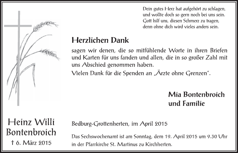  Traueranzeige für Heinz Willi Bontenbroich vom 15.04.2015 aus  Werbepost 