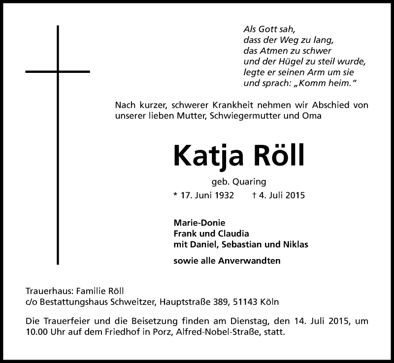  Traueranzeige für Katja Röll vom 11.07.2015 aus Kölner Stadt-Anzeiger / Kölnische Rundschau / Express
