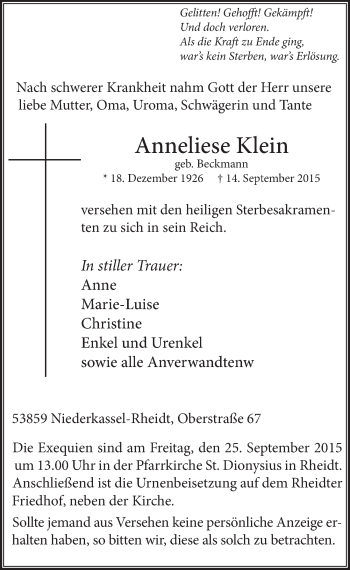 Anzeige von Anneliese Klein von  Extra Blatt 