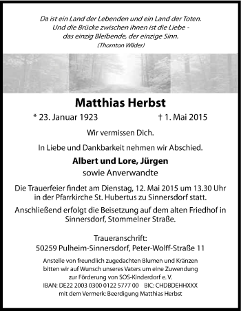 Anzeige von Matthias Herbst von Kölner Stadt-Anzeiger / Kölnische Rundschau / Express