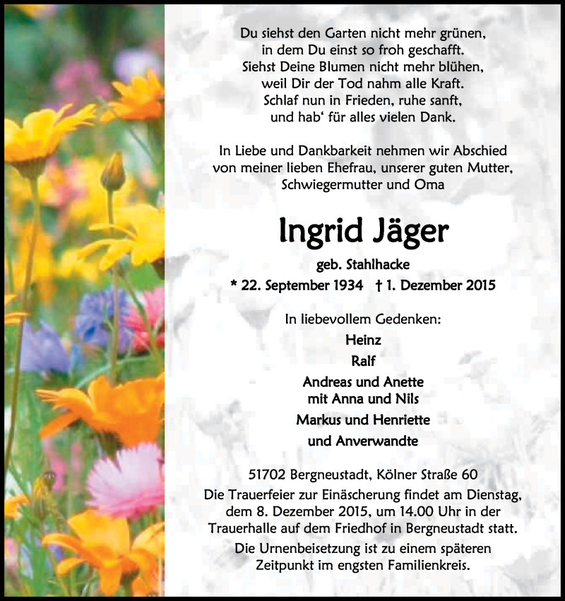  Traueranzeige für Ingrid Jäger vom 05.12.2015 aus Kölner Stadt-Anzeiger / Kölnische Rundschau / Express