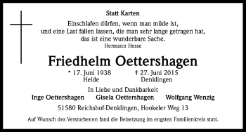 Anzeige von Friedhelm Oettershagen von Kölner Stadt-Anzeiger / Kölnische Rundschau / Express