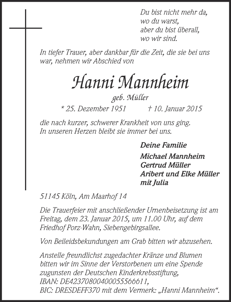  Traueranzeige für Hanni Mannheim vom 21.01.2015 aus  Kölner Wochenspiegel 
