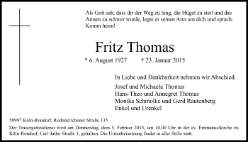 Anzeige von Fritz Thomas von  Kölner Wochenspiegel 