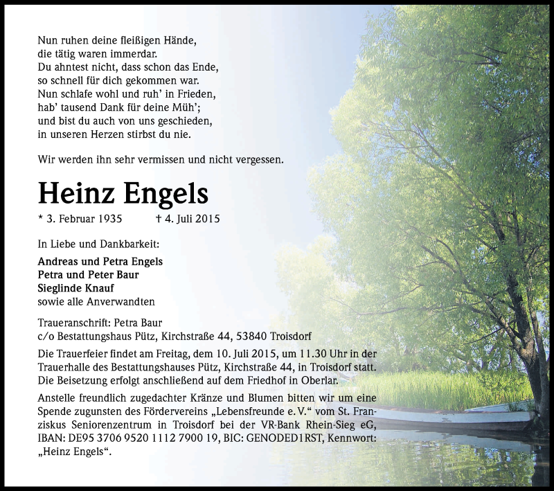  Traueranzeige für Heinz Engels vom 07.07.2015 aus Kölner Stadt-Anzeiger / Kölnische Rundschau / Express