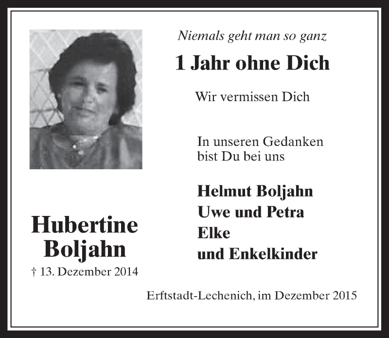  Traueranzeige für Hubertine Boljahn vom 09.12.2015 aus  Werbepost 