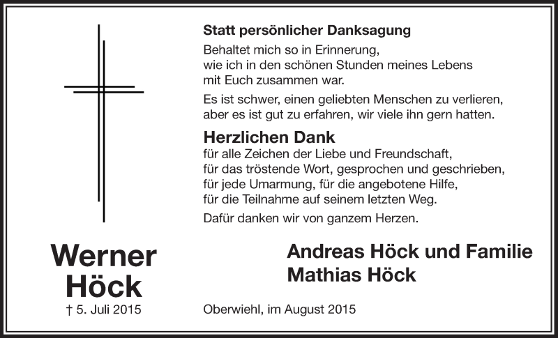  Traueranzeige für Werner Höck vom 26.08.2015 aus  Anzeigen Echo  Lokalanzeiger 