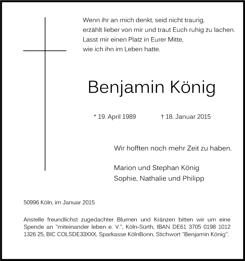  Traueranzeige für Benjamin König vom 24.01.2015 aus Kölner Stadt-Anzeiger / Kölnische Rundschau / Express