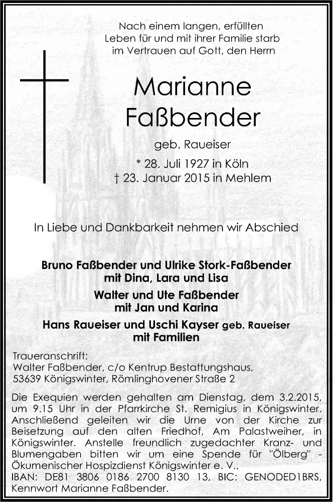  Traueranzeige für Marianne Faßbender vom 28.01.2015 aus Kölner Stadt-Anzeiger / Kölnische Rundschau / Express