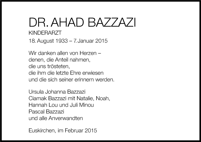  Traueranzeige für Ahad Bazzazi vom 21.02.2015 aus Kölner Stadt-Anzeiger / Kölnische Rundschau / Express