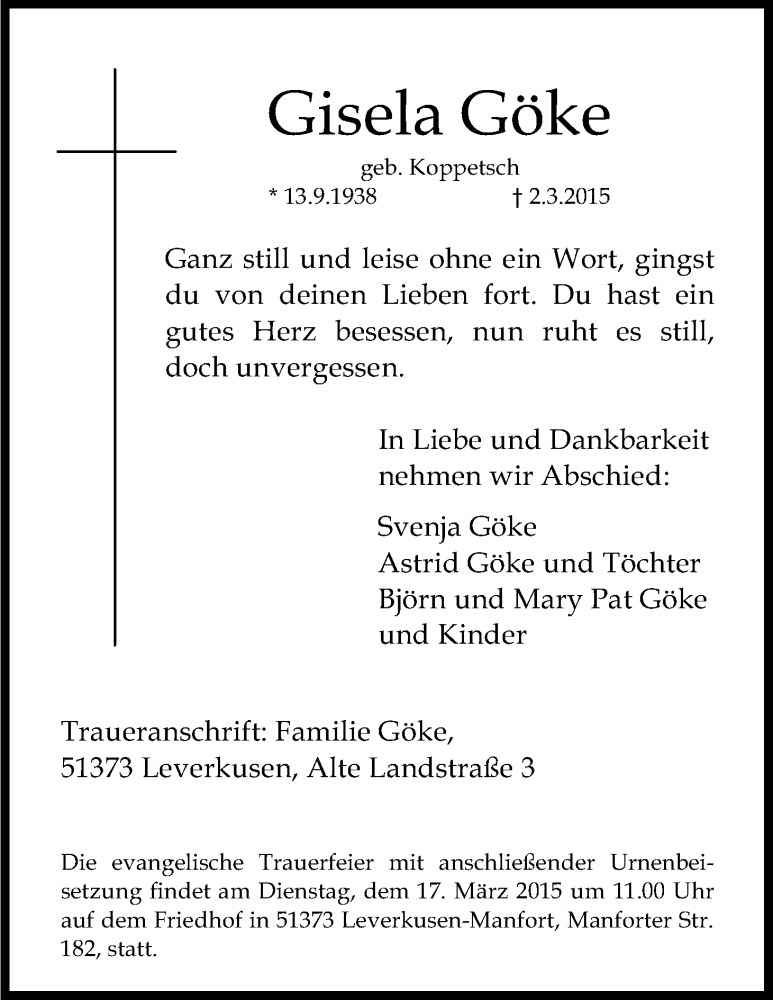  Traueranzeige für Gisela Göke vom 11.03.2015 aus Kölner Stadt-Anzeiger / Kölnische Rundschau / Express