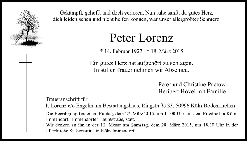  Traueranzeige für Peter Lorenz vom 25.03.2015 aus  Kölner Wochenspiegel 