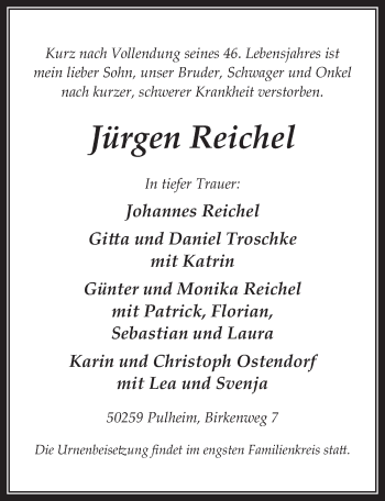 Anzeige von Jürgen Reichel von  Wochenende 