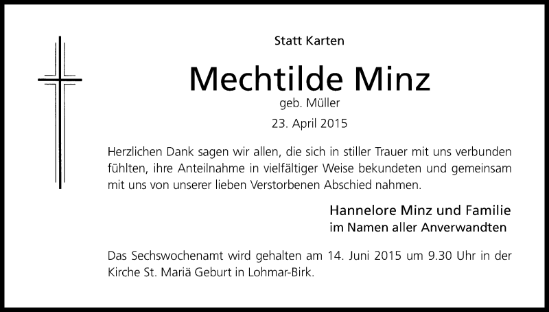  Traueranzeige für Mechtilde Minz vom 30.05.2015 aus Kölner Stadt-Anzeiger / Kölnische Rundschau / Express