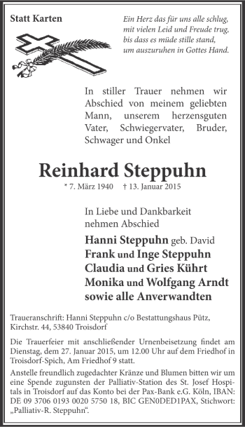 Anzeige von Reinhard Steppuhn von Köln - Wir Trauern