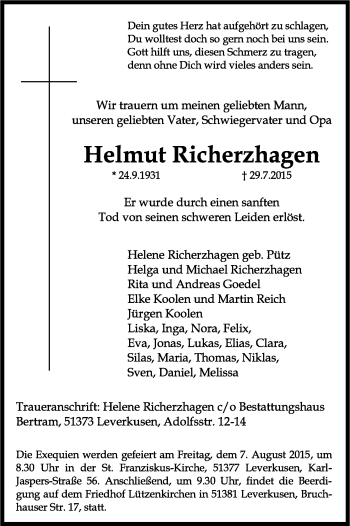 Anzeige von Helmut Richerzhagen von Kölner Stadt-Anzeiger / Kölnische Rundschau / Express