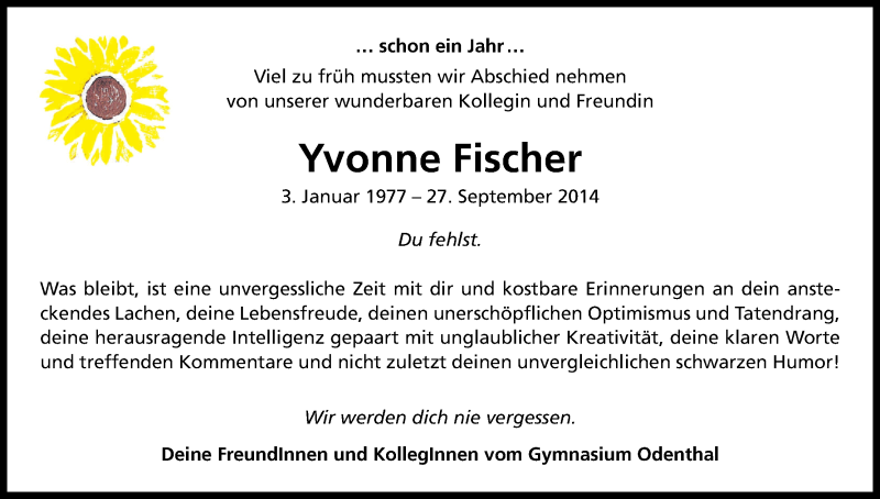  Traueranzeige für Yvonne Fischer vom 28.09.2015 aus Kölner Stadt-Anzeiger / Kölnische Rundschau / Express