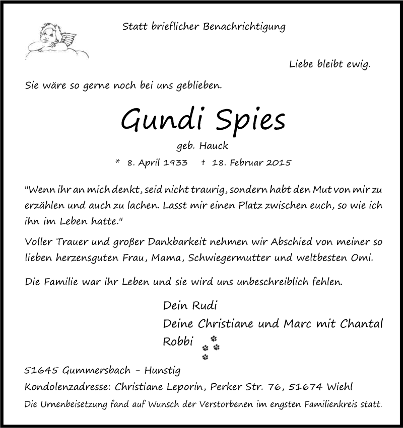  Traueranzeige für Gundi Spies vom 25.02.2015 aus Kölner Stadt-Anzeiger / Kölnische Rundschau / Express
