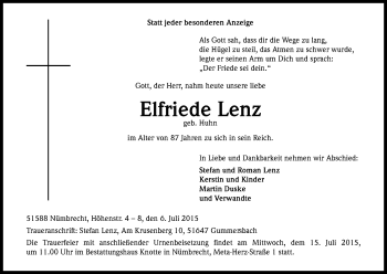 Anzeige von Elfriede Lenz von Kölner Stadt-Anzeiger / Kölnische Rundschau / Express