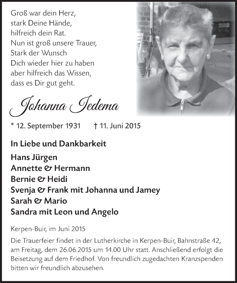  Traueranzeige für Johanna Jedema vom 24.06.2015 aus  Werbepost 
