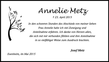 Anzeige von Annelie Metz von Kölner Stadt-Anzeiger / Kölnische Rundschau / Express