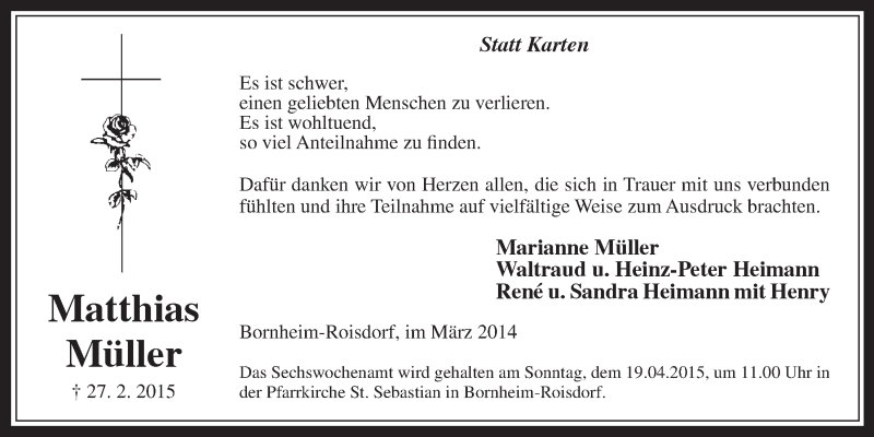  Traueranzeige für Matthias Müller vom 01.04.2015 aus  Schaufenster/Blickpunkt 