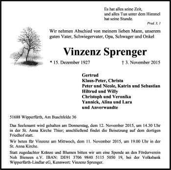 Anzeige von Vinzenz Sprenger von Kölner Stadt-Anzeiger / Kölnische Rundschau / Express