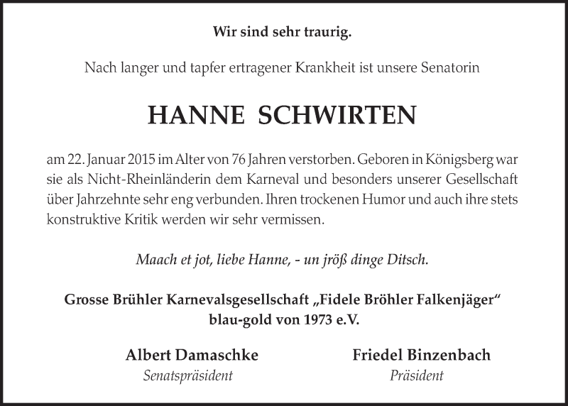  Traueranzeige für Hanne Schwirten vom 28.01.2015 aus  Schlossbote/Werbekurier 