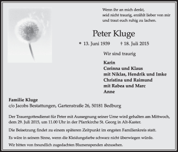 Anzeige von Peter Kluge von  Sonntags-Post 
