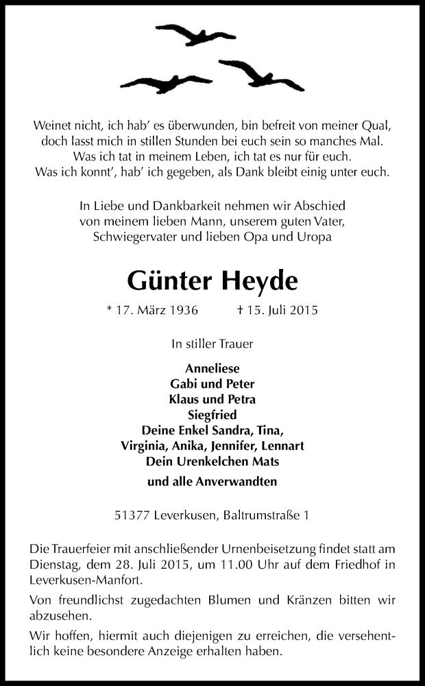 Traueranzeige für Günter Heyde vom 22.07.2015 aus Kölner Stadt-Anzeiger / Kölnische Rundschau / Express