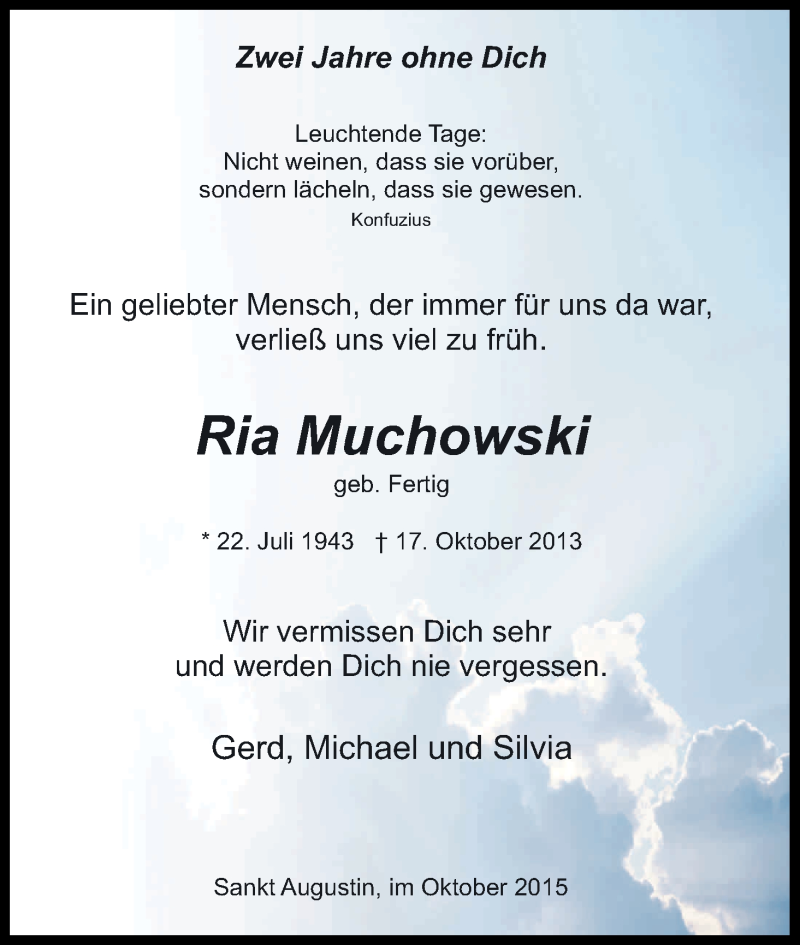  Traueranzeige für Ria Muchowski vom 17.10.2015 aus Kölner Stadt-Anzeiger / Kölnische Rundschau / Express
