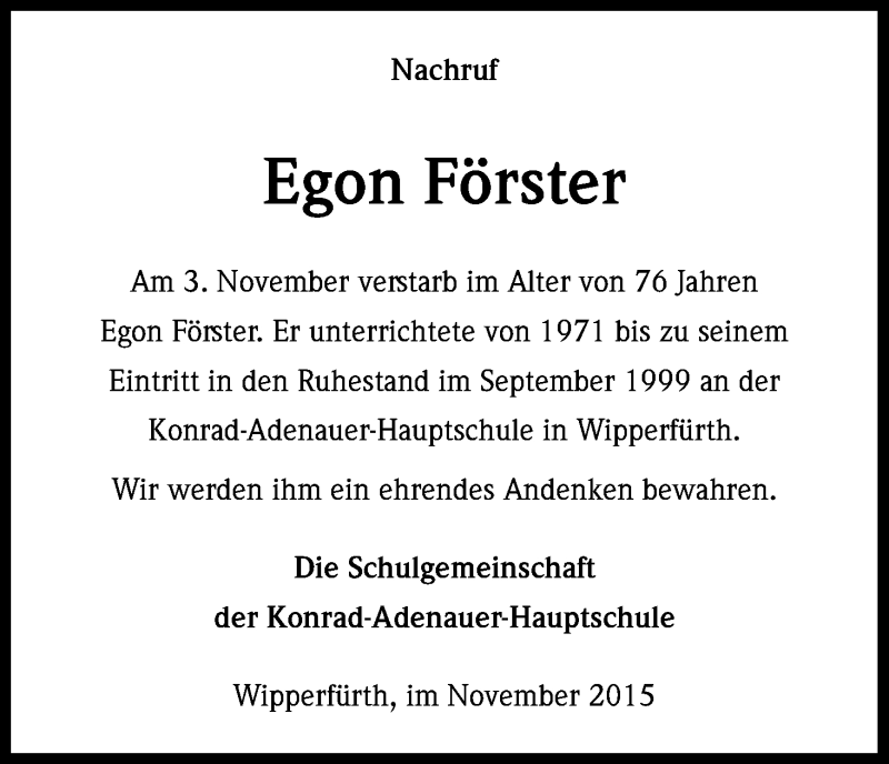  Traueranzeige für Egon Förster vom 14.11.2015 aus Köln - Wir Trauern