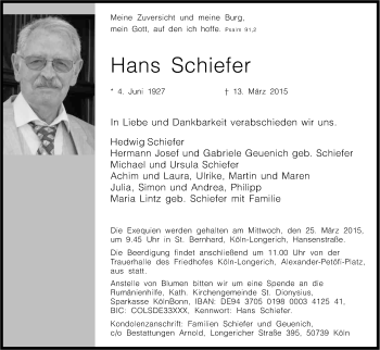 Anzeige von Hans Schiefer von Kölner Stadt-Anzeiger / Kölnische Rundschau / Express