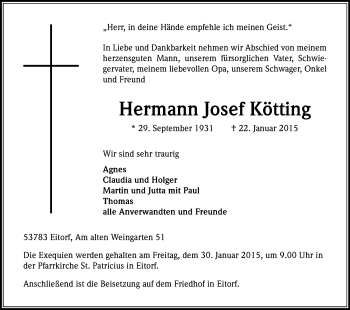 Anzeige von Hermann Josef Kötting von Kölner Stadt-Anzeiger / Kölnische Rundschau / Express