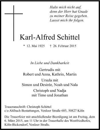 Anzeige von Karl-Alfred Schittel von Kölner Stadt-Anzeiger / Kölnische Rundschau / Express